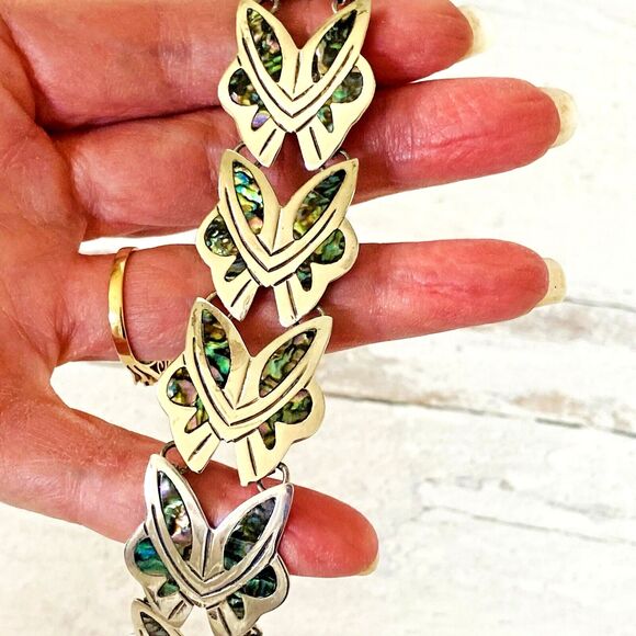 Vintage Signed Mexican Sterling Silver Abalone Inlay Bracelet Stylized Design - Picture 9 of 9